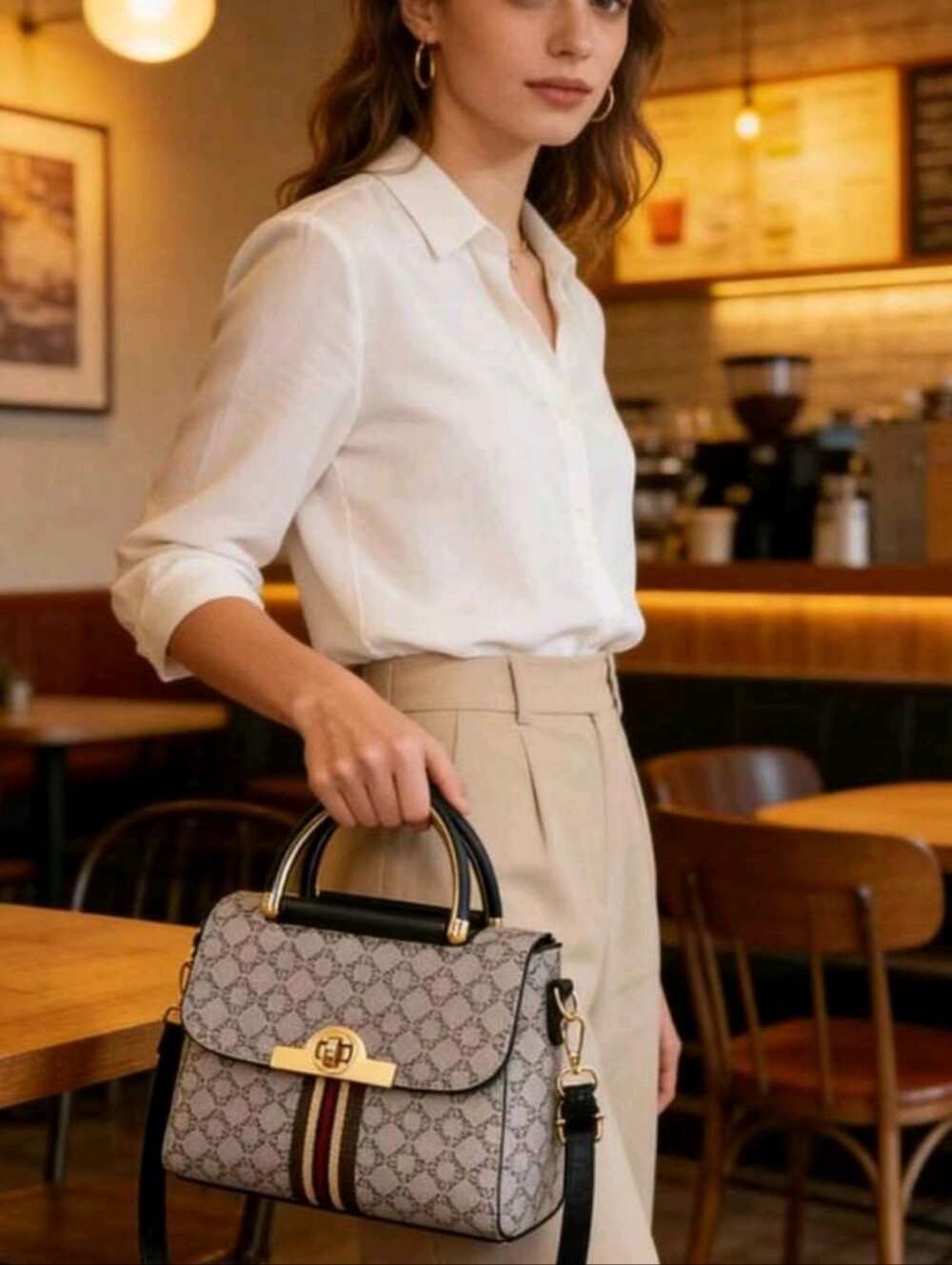 Classic Monogram Top-Handle Satchel in Beige and Black - Picture 2 of 7